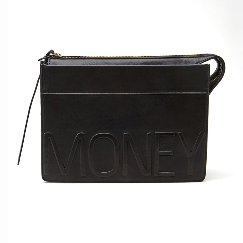 forever 21 • faux leather money oversize large zip top clutch bag purse black